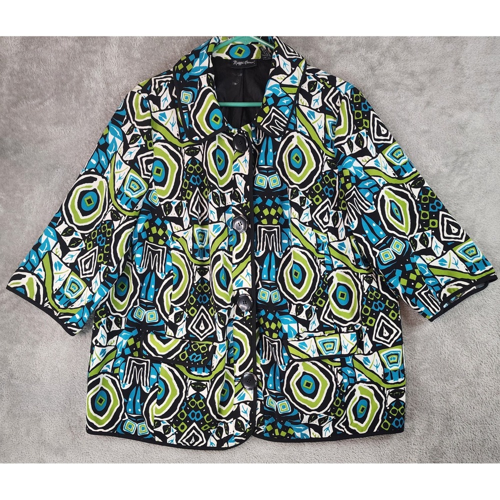 Maggie Barnes Jacket Womens 0X Green Blue Abstract Geometric 3/4 Sleeve Blazer‎